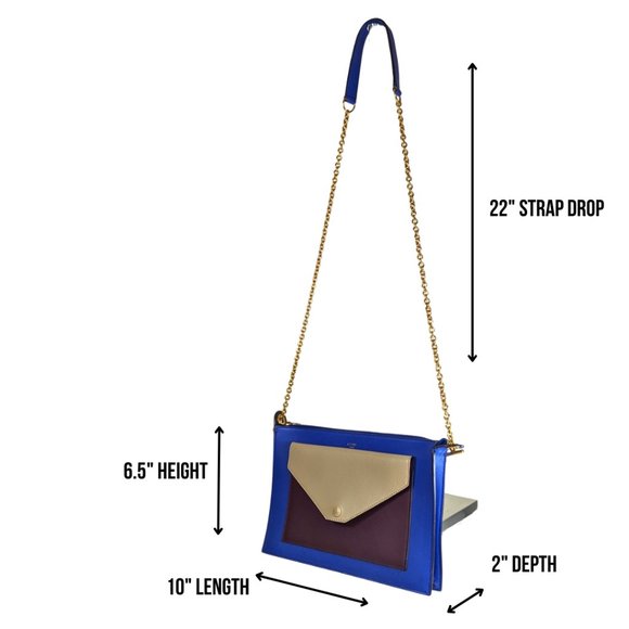 Celine Tri-Color Blue Leather Envelope Pocket Clutch on a Gold Chain - Picture 9 of 14